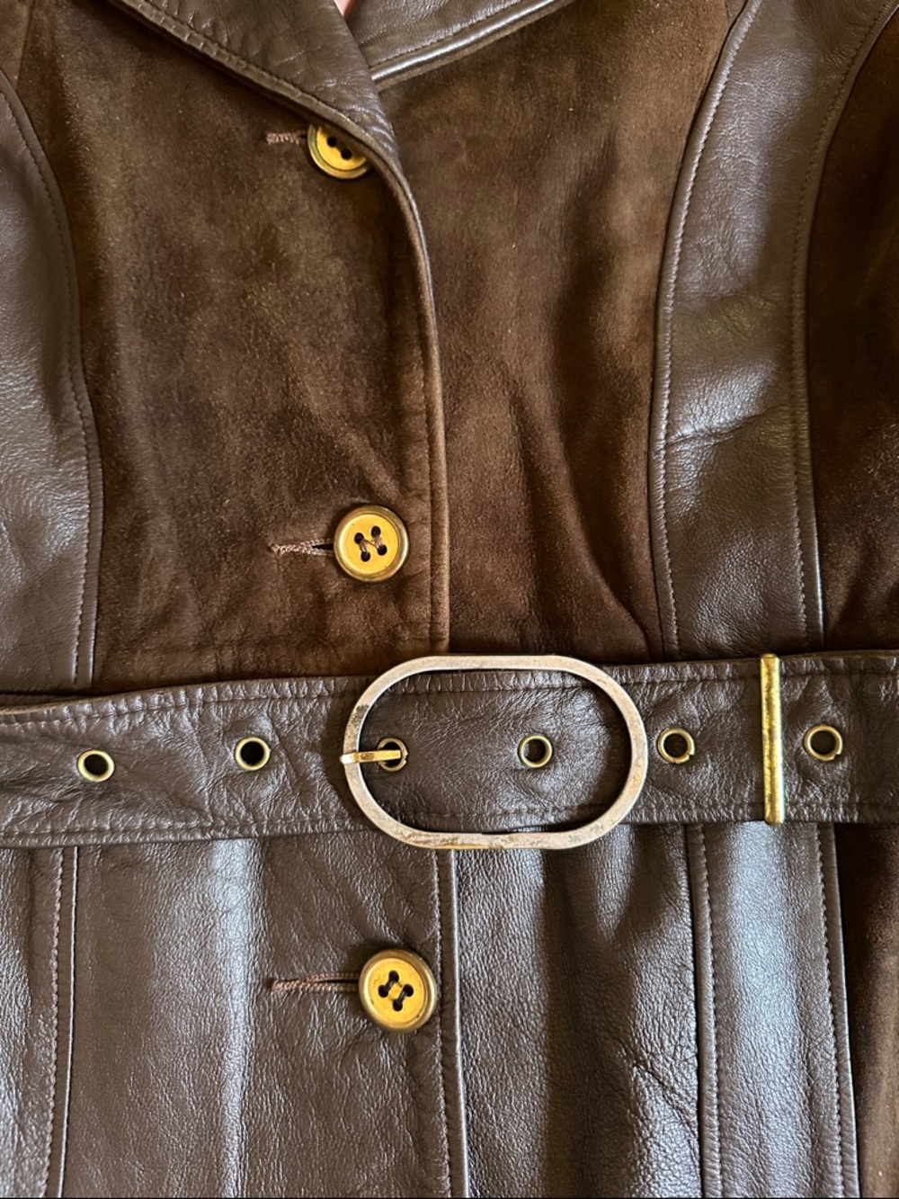 Vintage Brown Leather & Suede Belted lined Women’s Jacket size Large - Picture 4 of 11